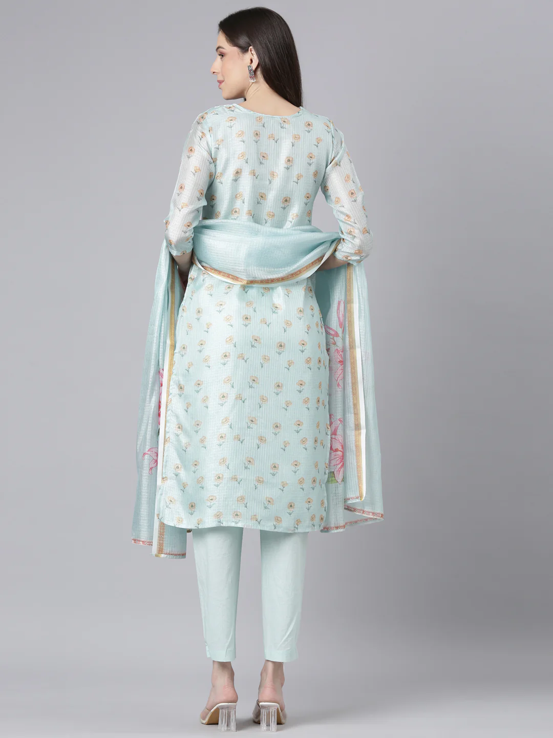 Neerus Lime Green Printed Straight Kurta and Trousers With Dupatta - Image 4