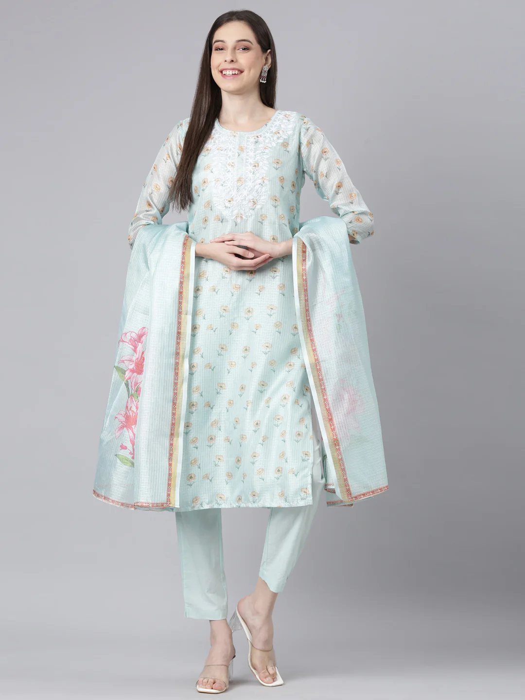 Neerus Lime Green Printed Straight Kurta and Trousers With Dupatta - Image 5