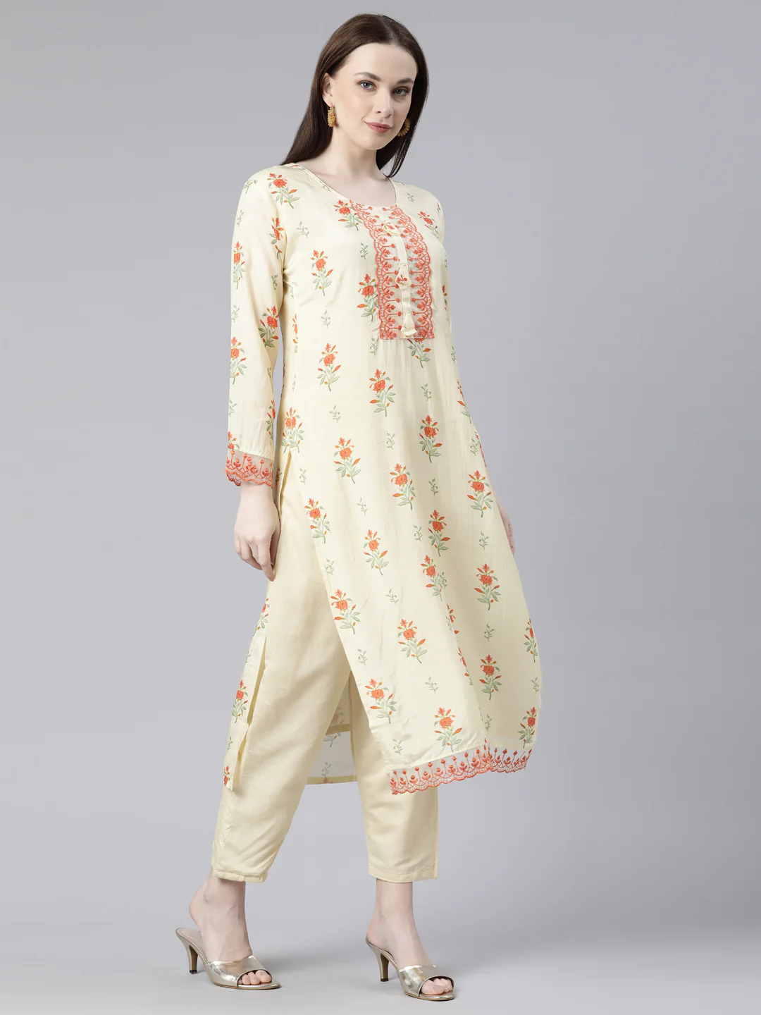 Neerus Lime Green Regular Knee Length Printed Kurta Embroidered Palazzos With Dupatta - Image 2