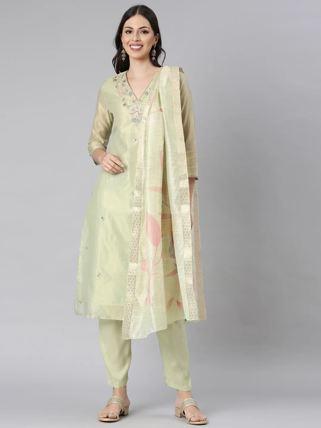 Neerus Lime Green Solid Straight Kurta and Trousers With Dupatta