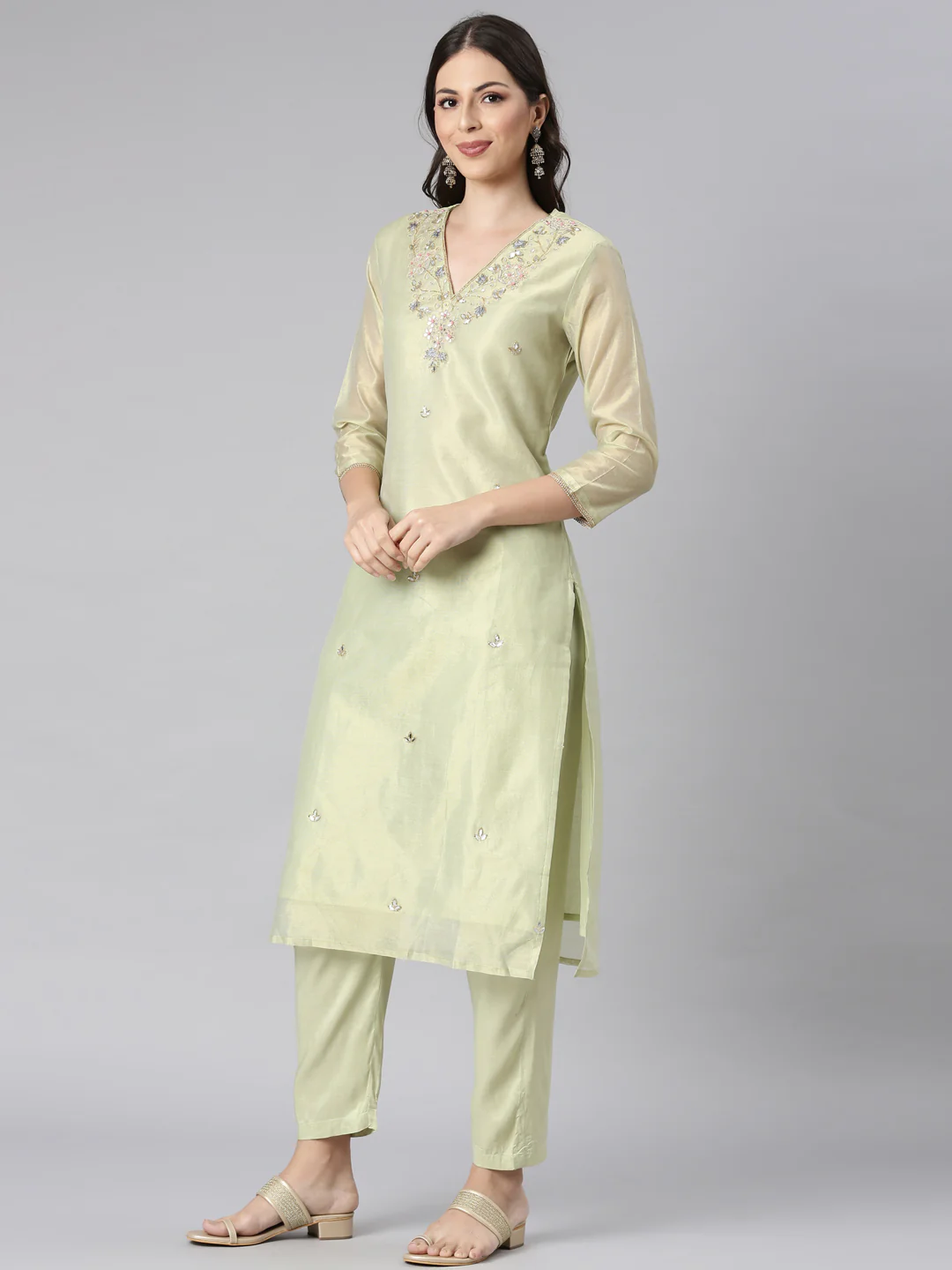 Neerus Lime Green Solid Straight Kurta and Trousers With Dupatta - Image 2