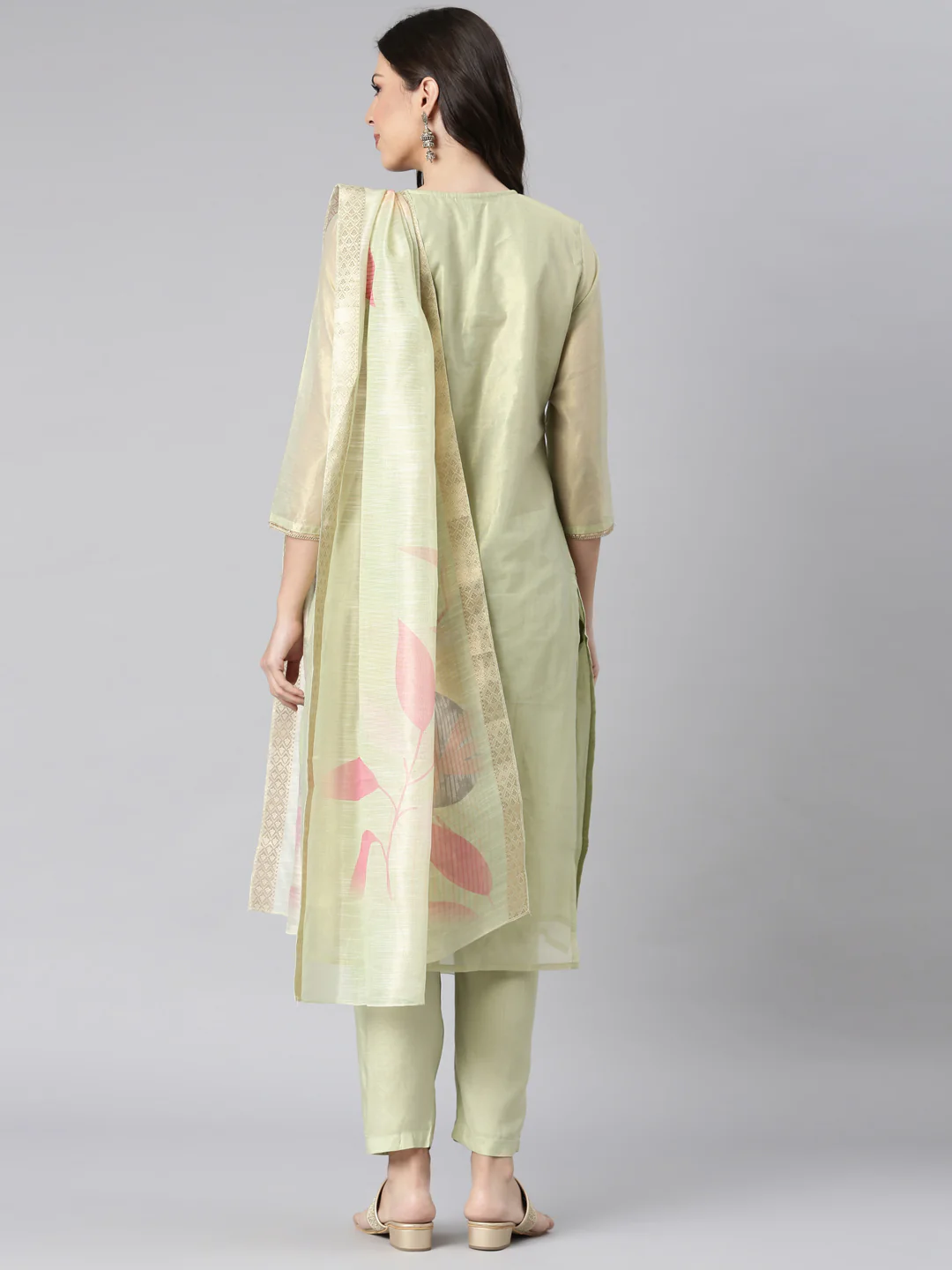 Neerus Lime Green Solid Straight Kurta and Trousers With Dupatta - Image 3