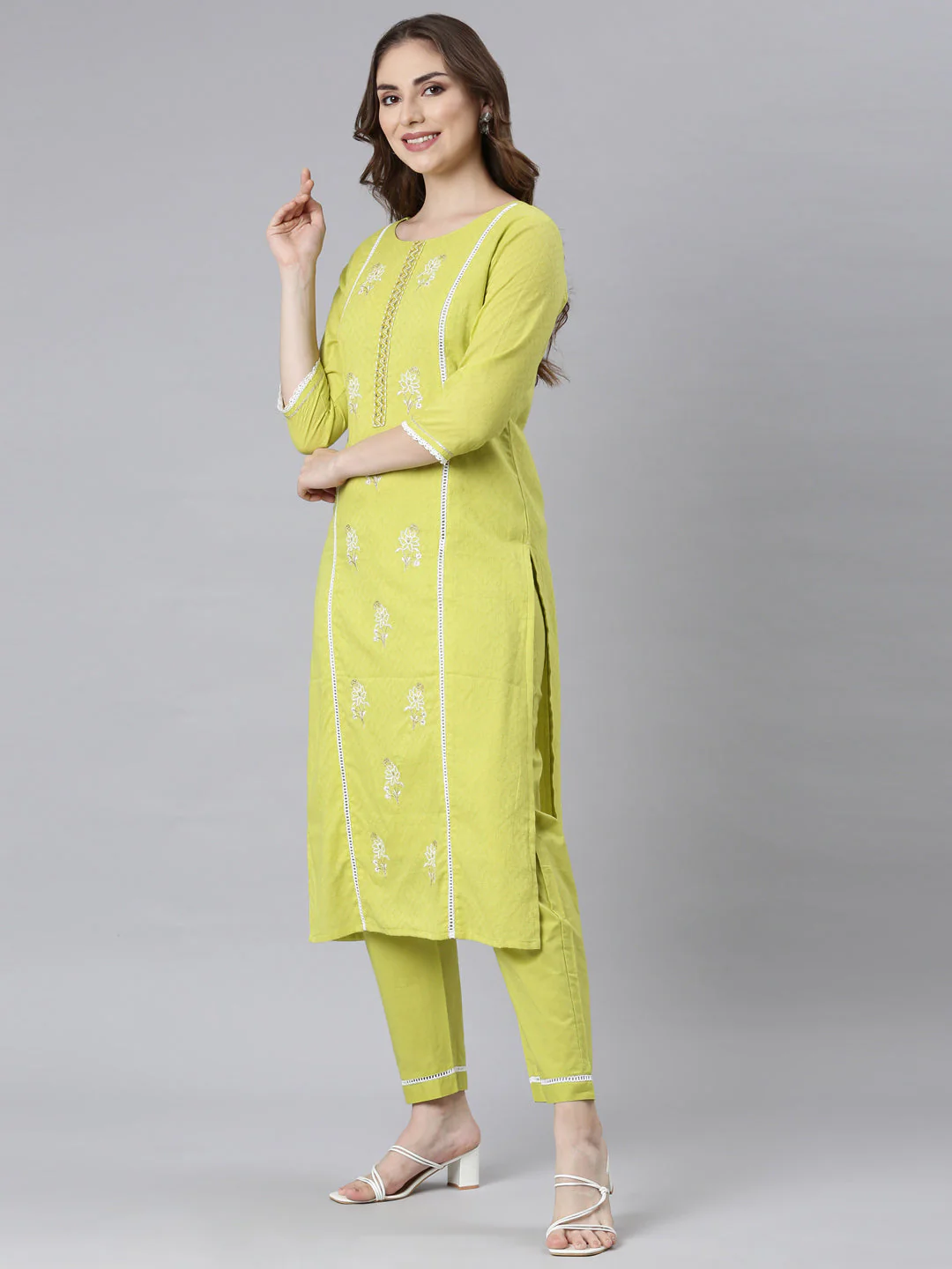 Neerus Lime Green Panelled Straight Ethnic Motifs Kurta And Trousers - Image 3