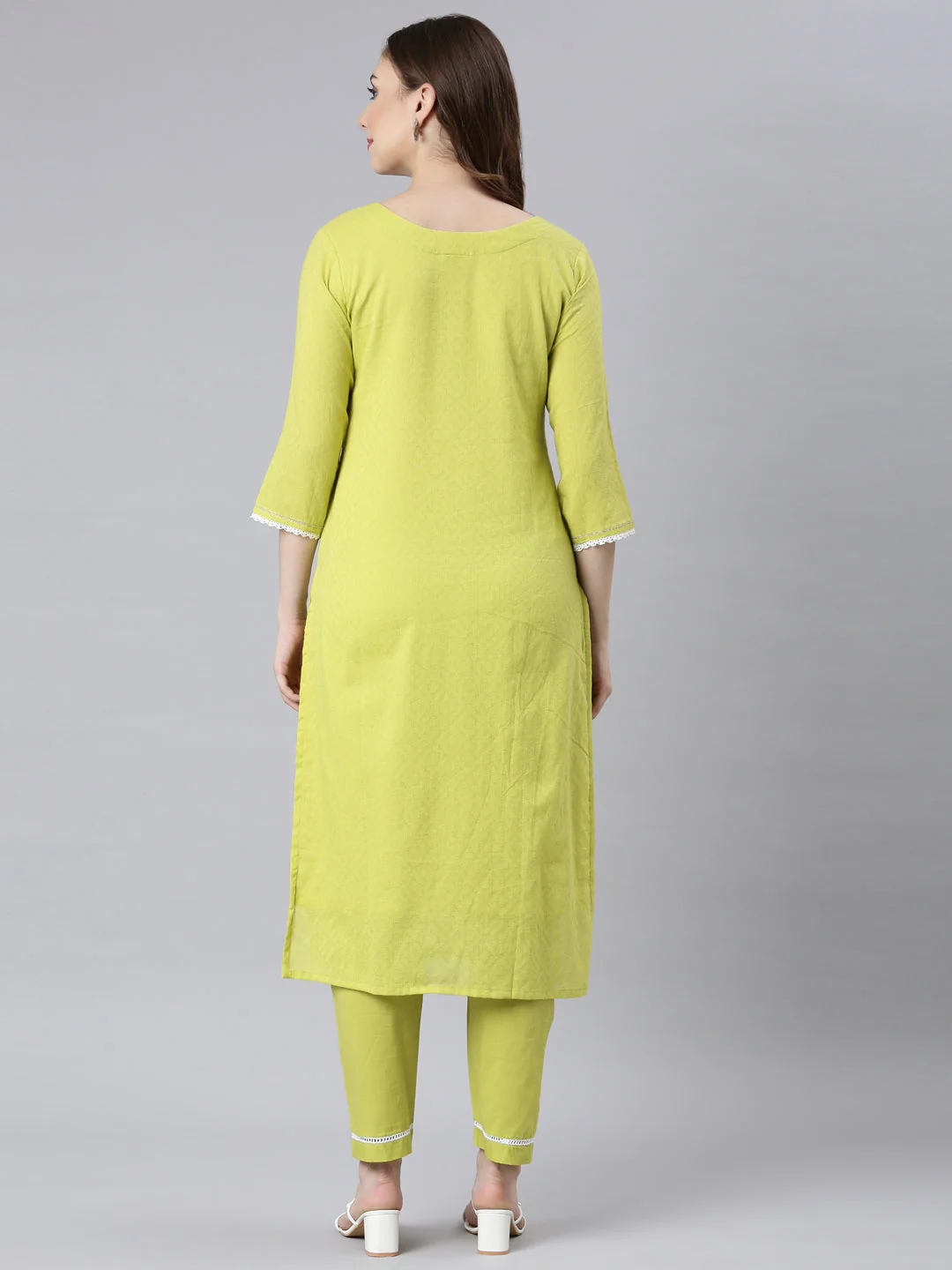 Neerus Lime Green Panelled Straight Ethnic Motifs Kurta And Trousers - Image 4