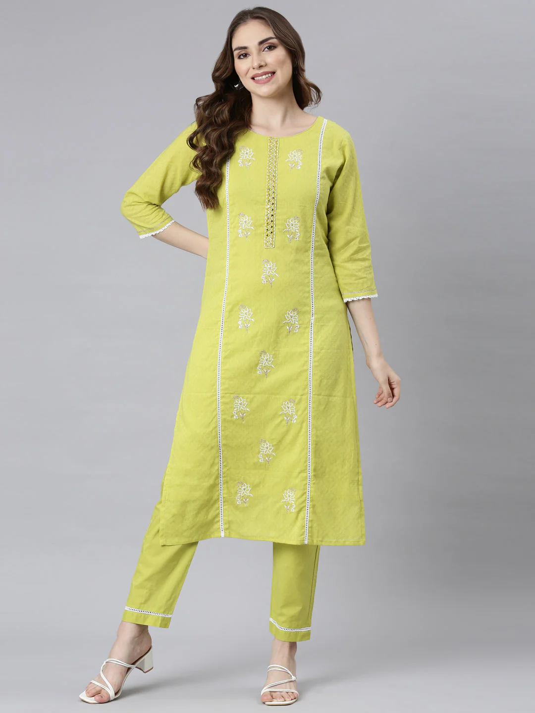 Neerus Lime Green Panelled Straight Ethnic Motifs Kurta And Trousers - Image 5