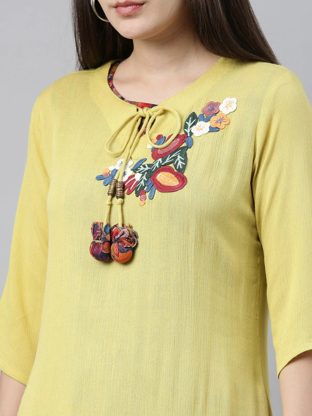 Neerus Lime Yellow Embroidered Straight Kurta - Image 2