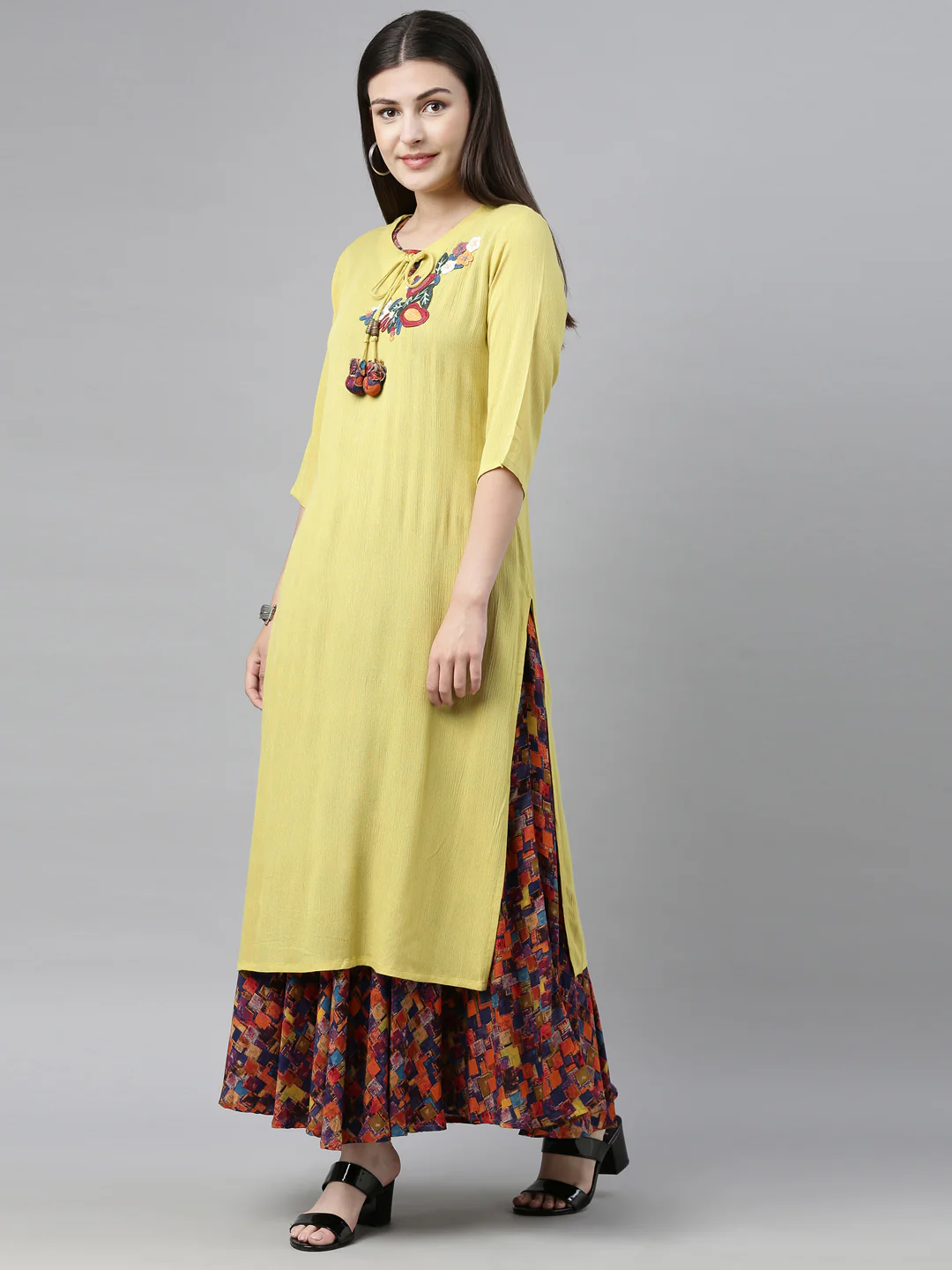 Neerus Lime Yellow Embroidered Straight Kurta - Image 8