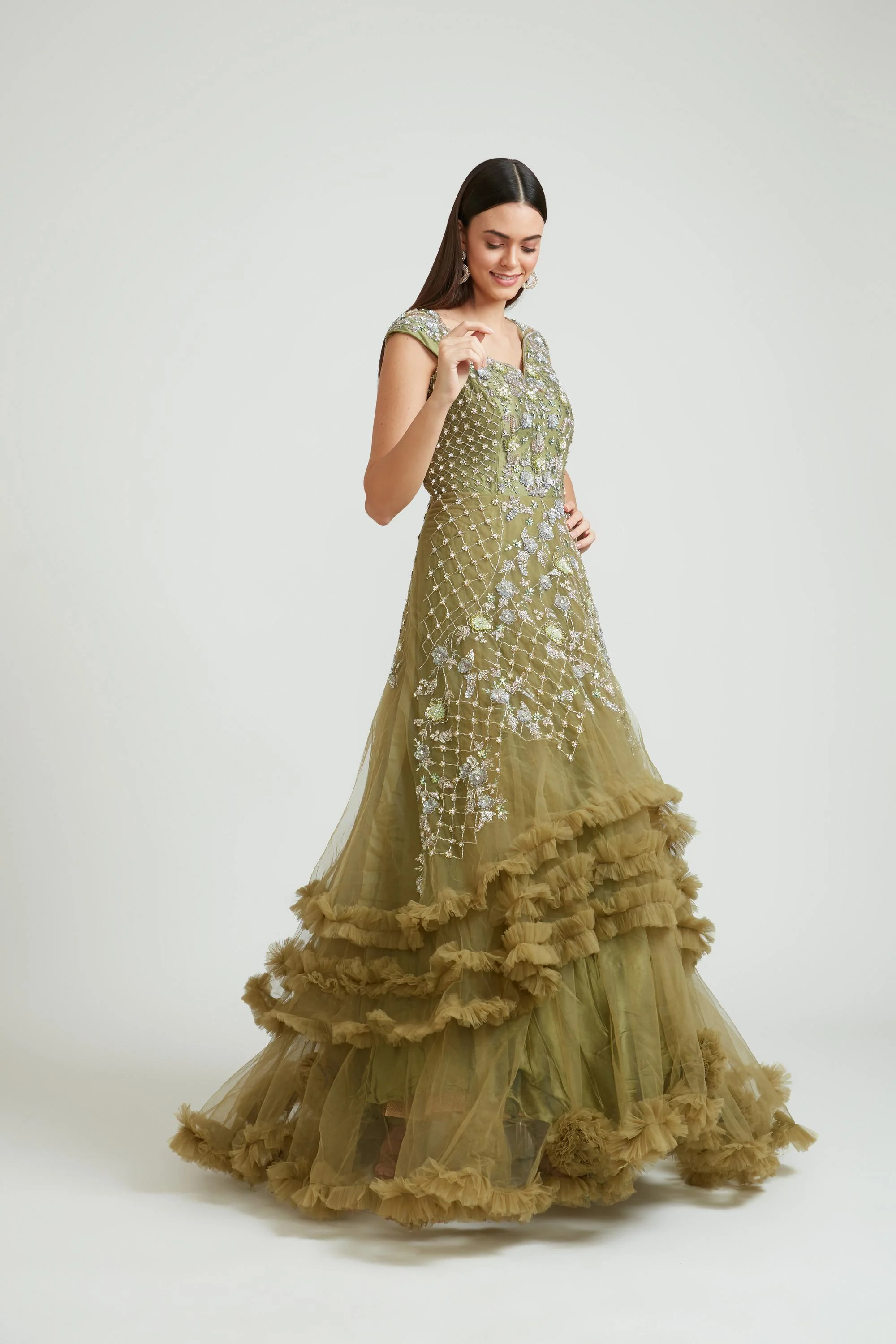 Neerus M Green Color Banaras Fabric Gown With Dupatta
