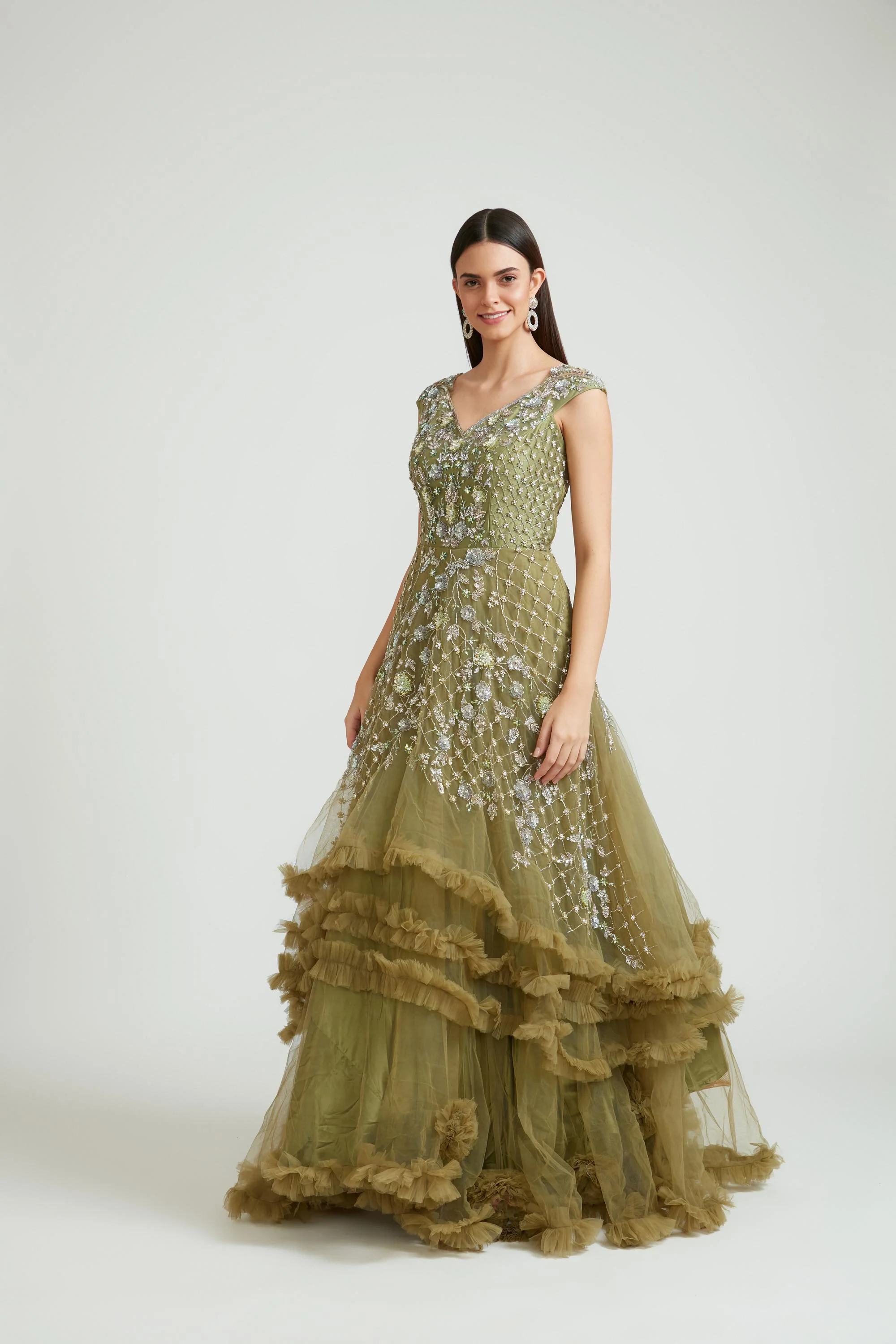 Neerus M Green Color Banaras Fabric Gown With Dupatta - Image 3