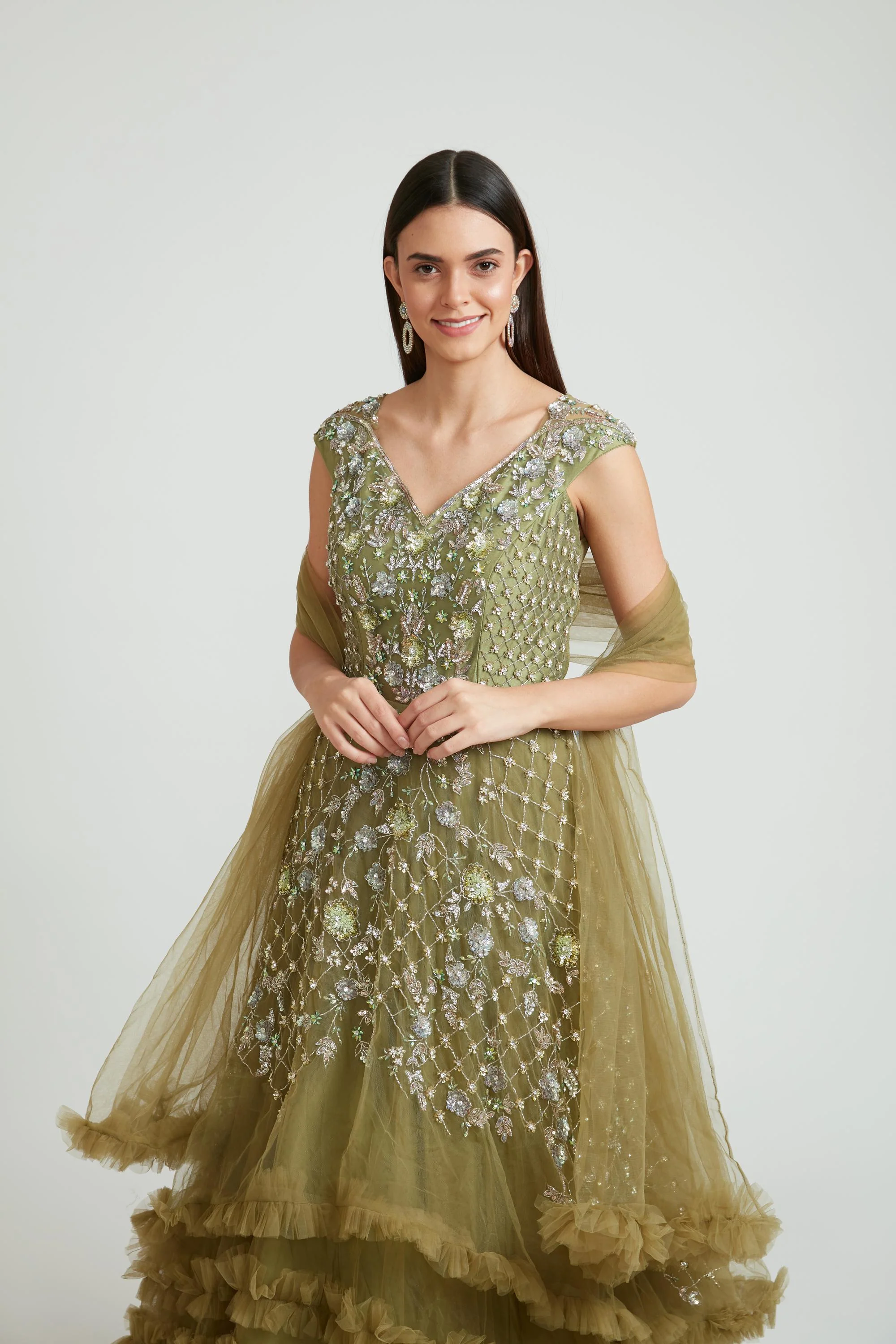 Neerus M Green Color Banaras Fabric Gown With Dupatta - Image 4