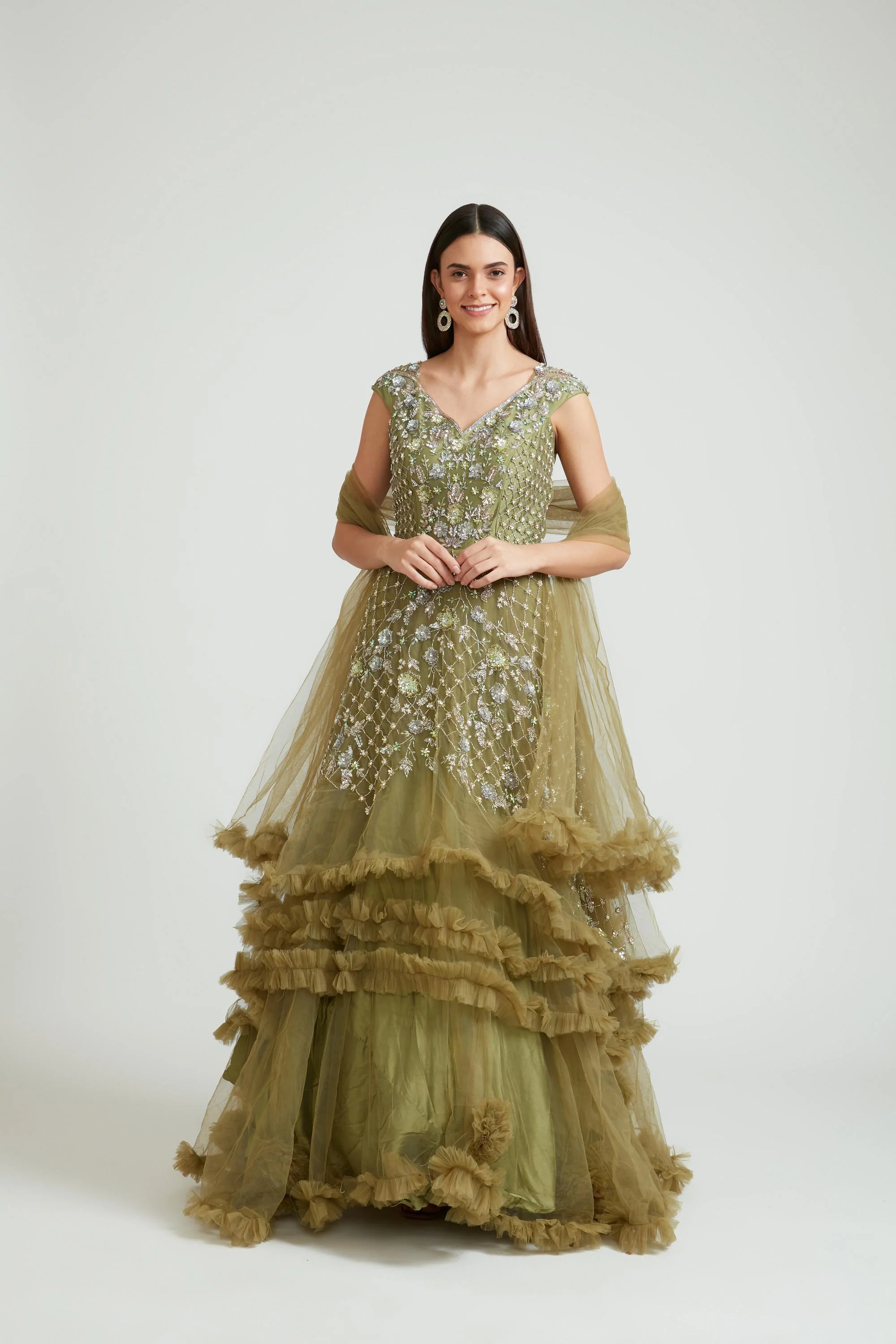 Neerus M Green Color Banaras Fabric Gown With Dupatta - Image 5