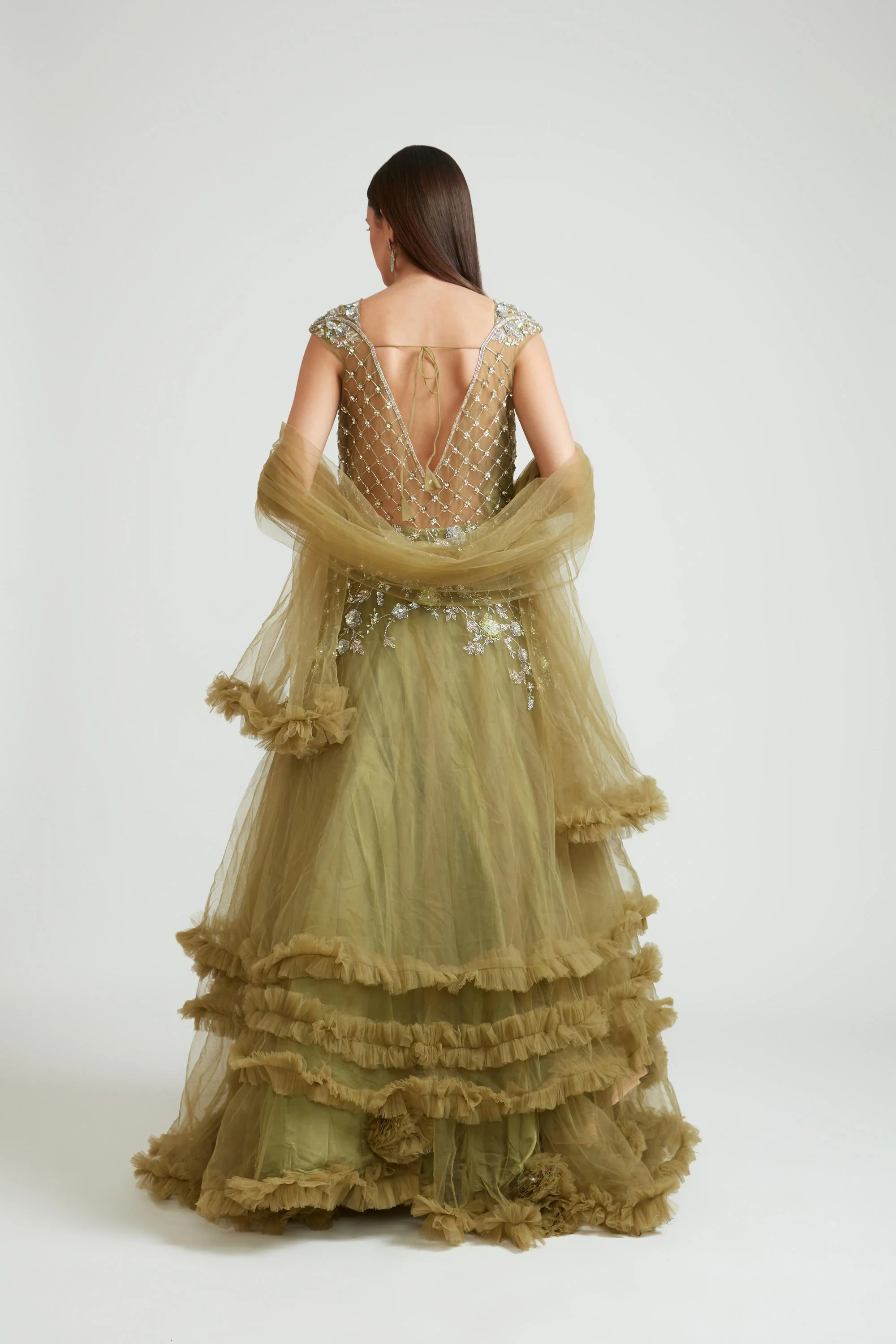 Neerus M Green Color Banaras Fabric Gown With Dupatta - Image 6