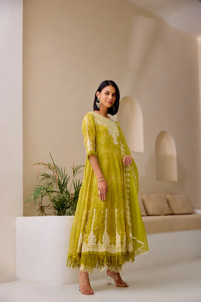 Neerus M Green Flared Emblleshied Kurta And Trousers With Dupatta - Image 2