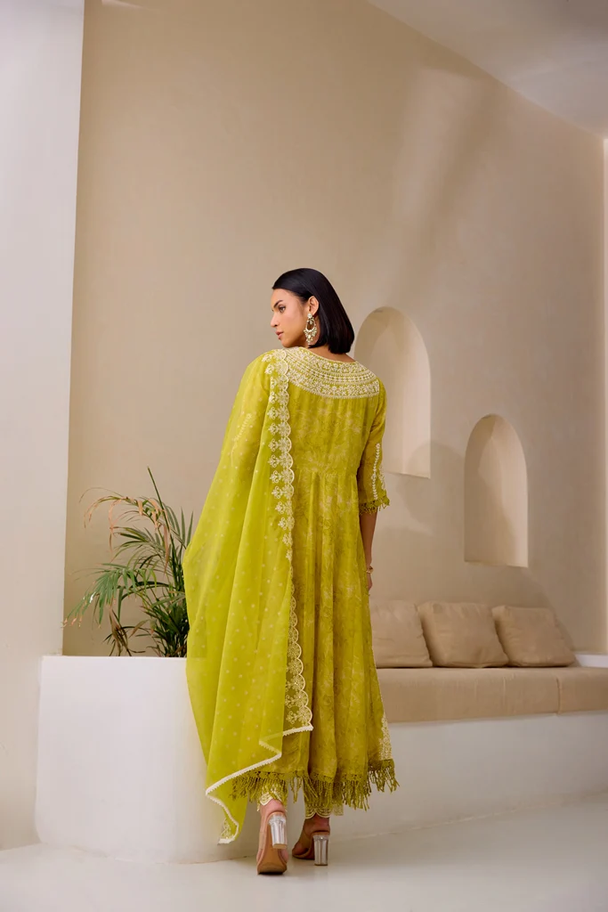 Neerus M Green Flared Emblleshied Kurta And Trousers With Dupatta - Image 3