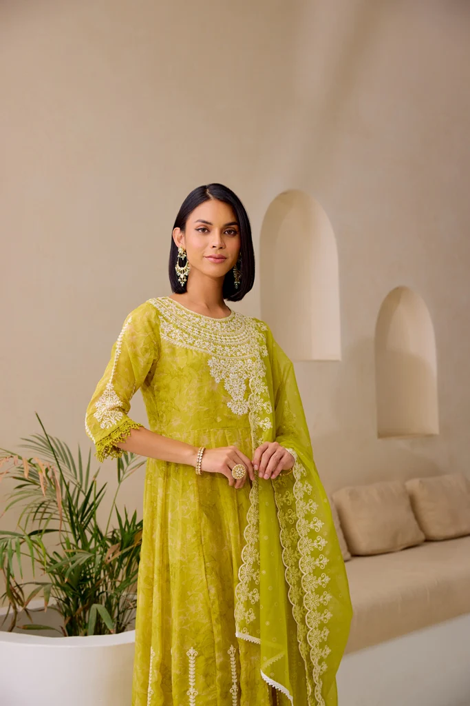 Neerus M Green Flared Emblleshied Kurta And Trousers With Dupatta - Image 4