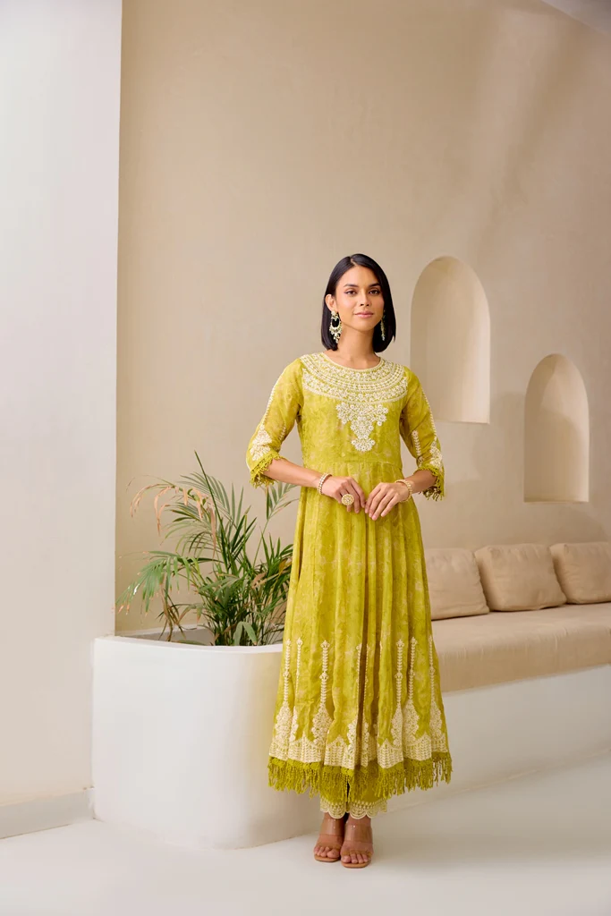 Neerus M Green Flared Emblleshied Kurta And Trousers With Dupatta - Image 5