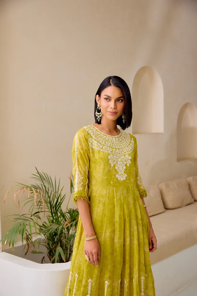Neerus M Green Flared Emblleshied Kurta And Trousers With Dupatta - Image 6