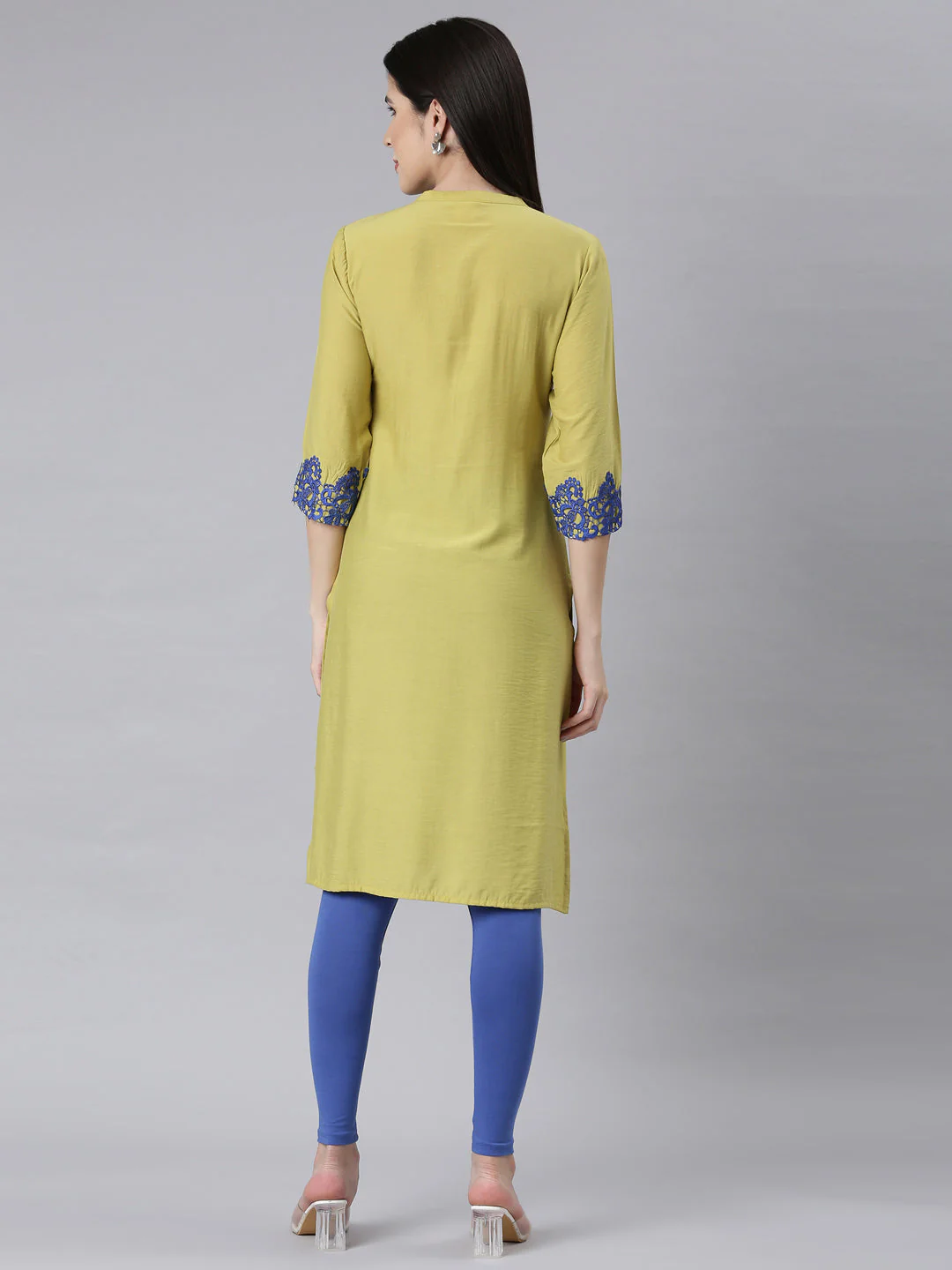 Neerus Green Panelled Straight Embellished Kurta - Image 3