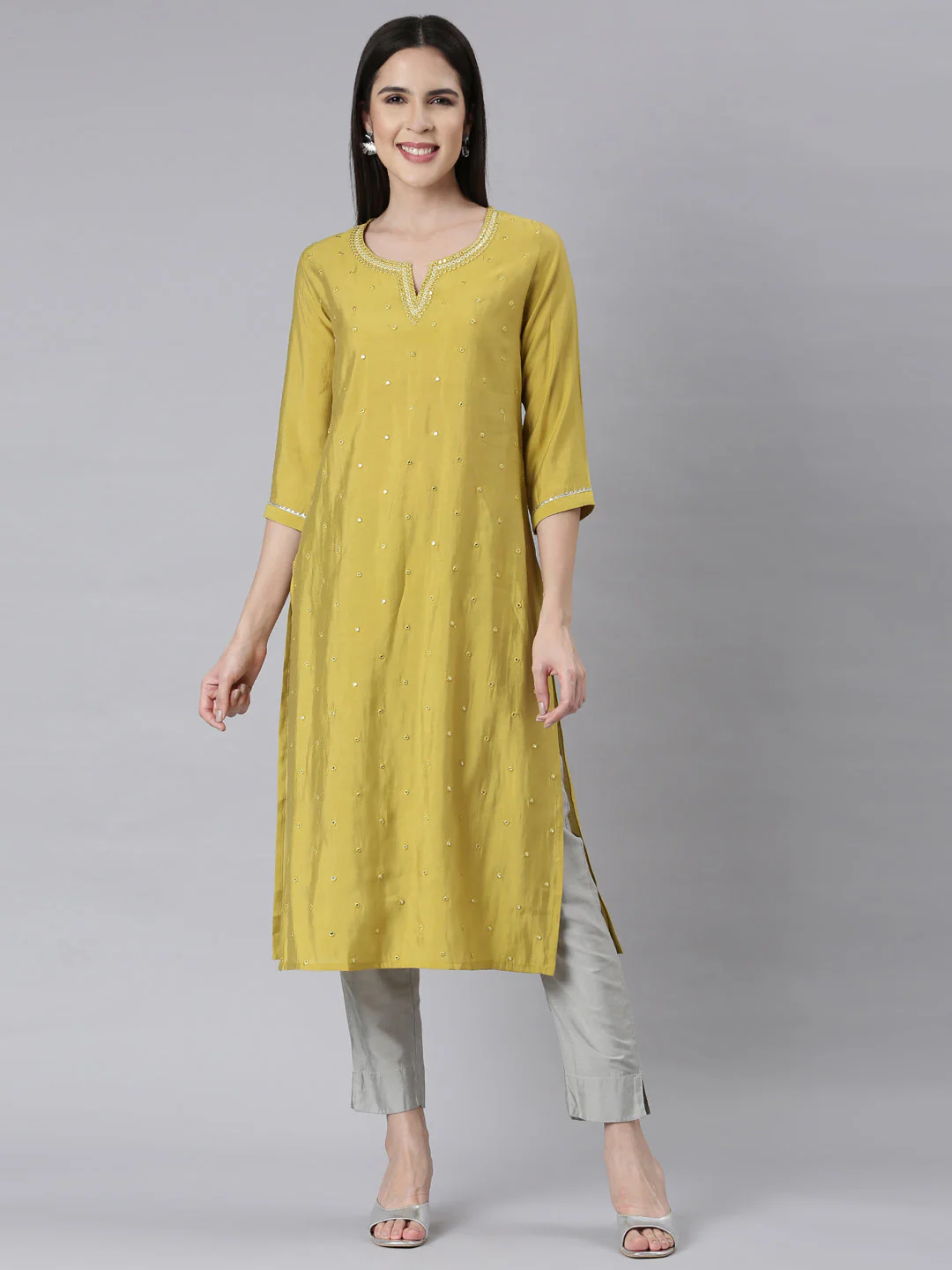 Neerus Green Panelled Straight Embellished Kurta