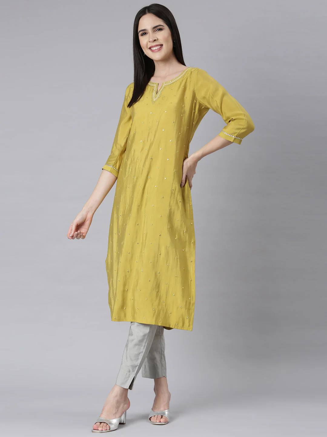 Neerus Green Panelled Straight Embellished Kurta - Image 4