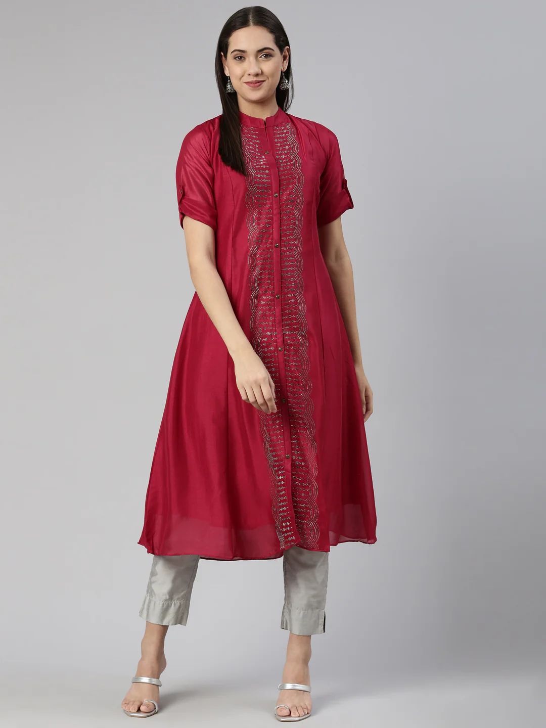 Neerus Magenta Anarkali Flared Crepe Kurta