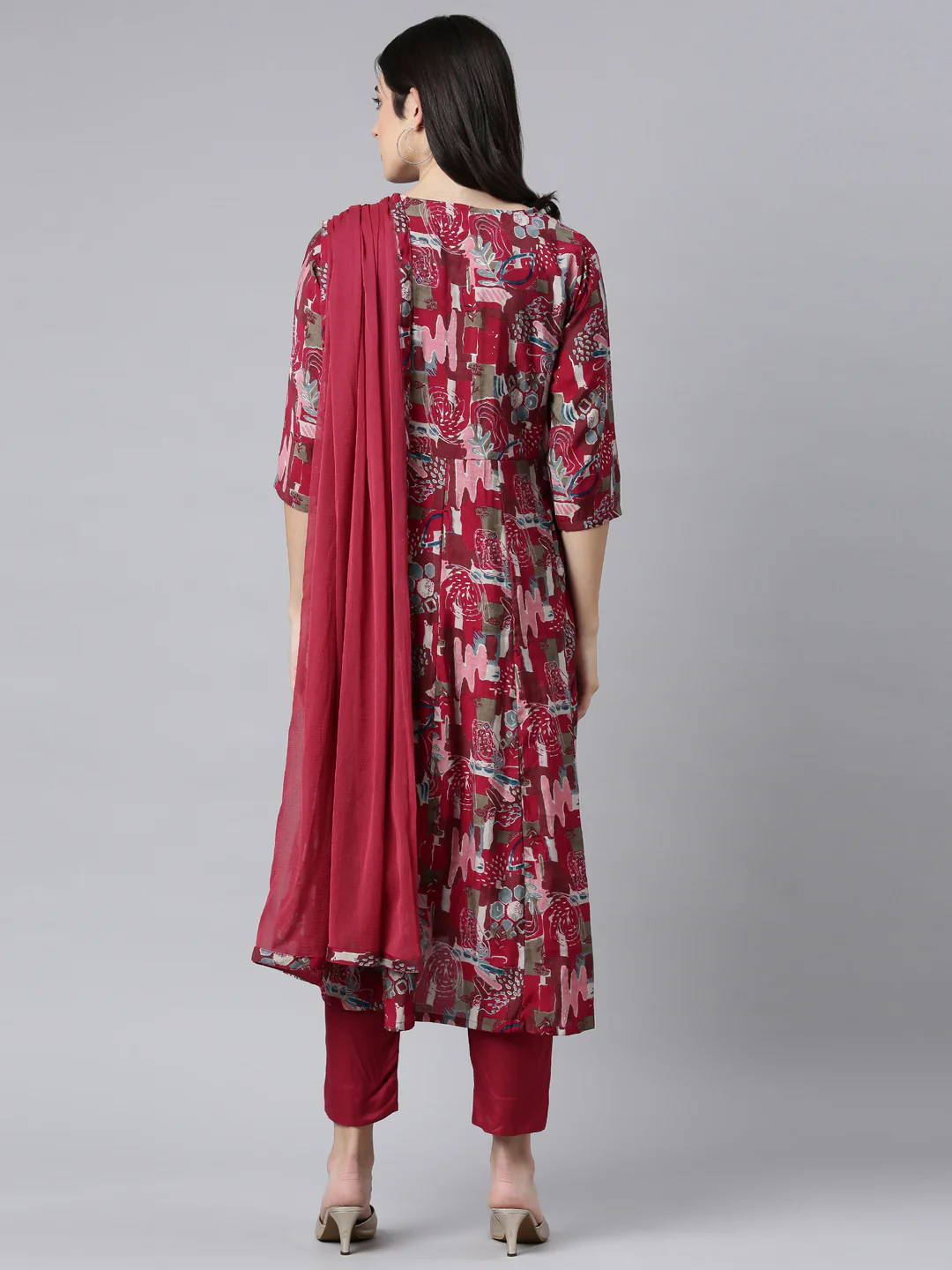 Neerus Magenta Angrakha Straight Floral Kurta And Trousers With Dupatta - Image 3