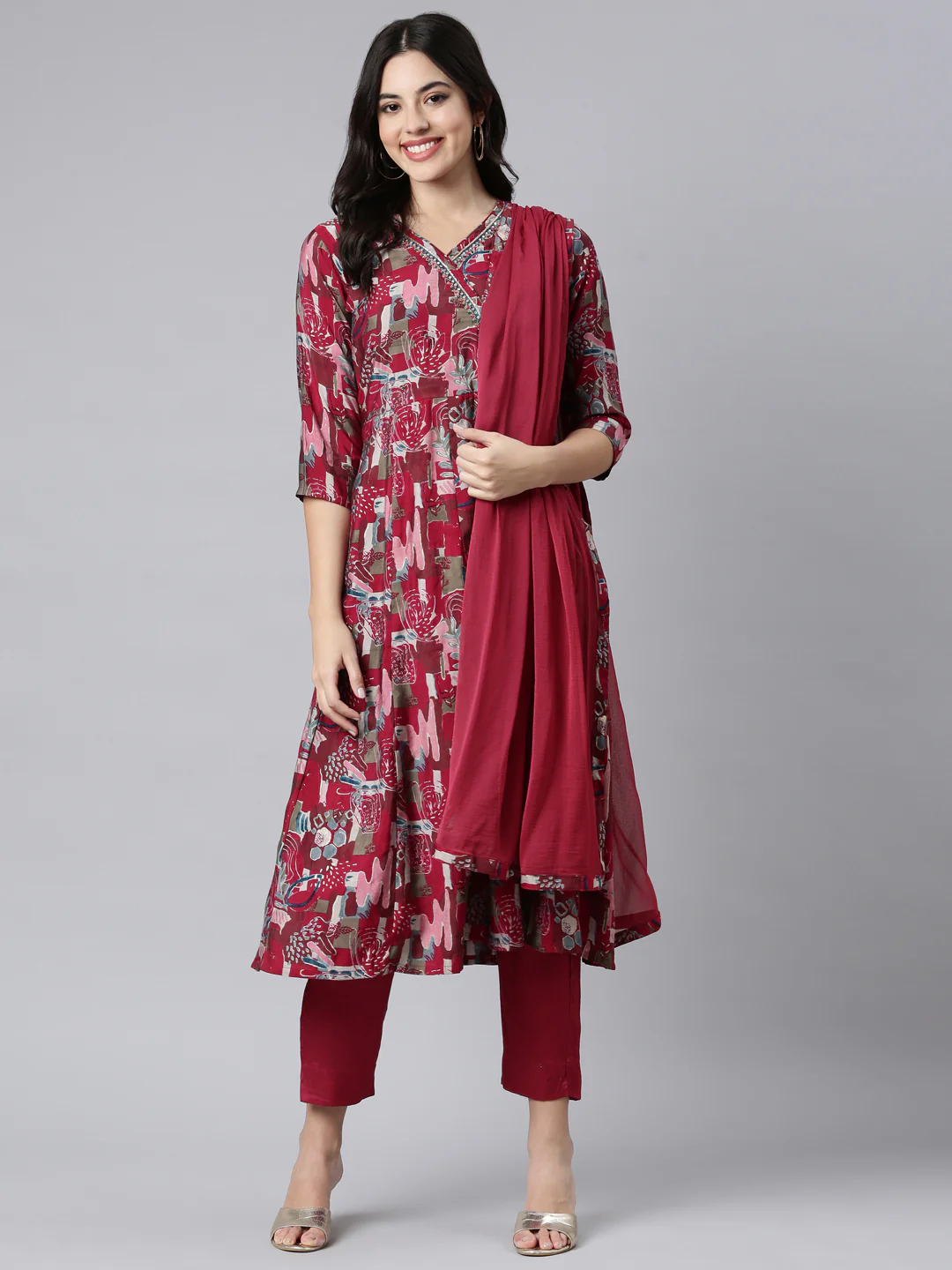 Neerus Magenta Angrakha Straight Floral Kurta And Trousers With Dupatta - Image 5