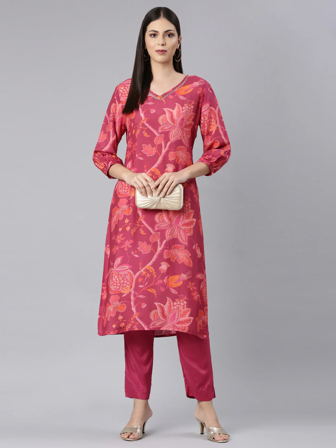 Neerus Magenta Casual Floral Straight Kurta and Trouser - Image 6