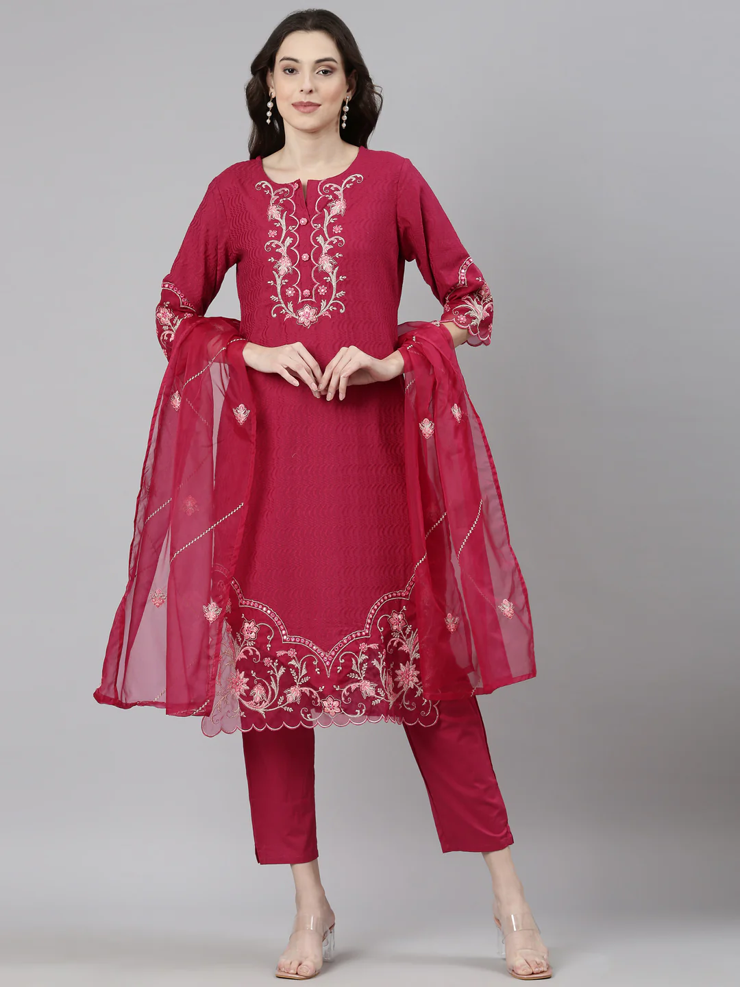Neerus Magenta Casual Straight Kurta and Trousers With Dupatta