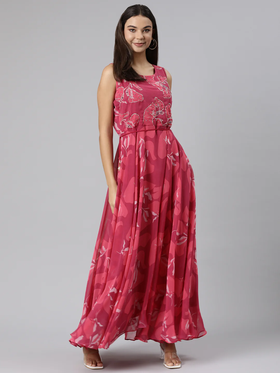 Neerus Magenta Flared Casual Floral Dresses - Image 5
