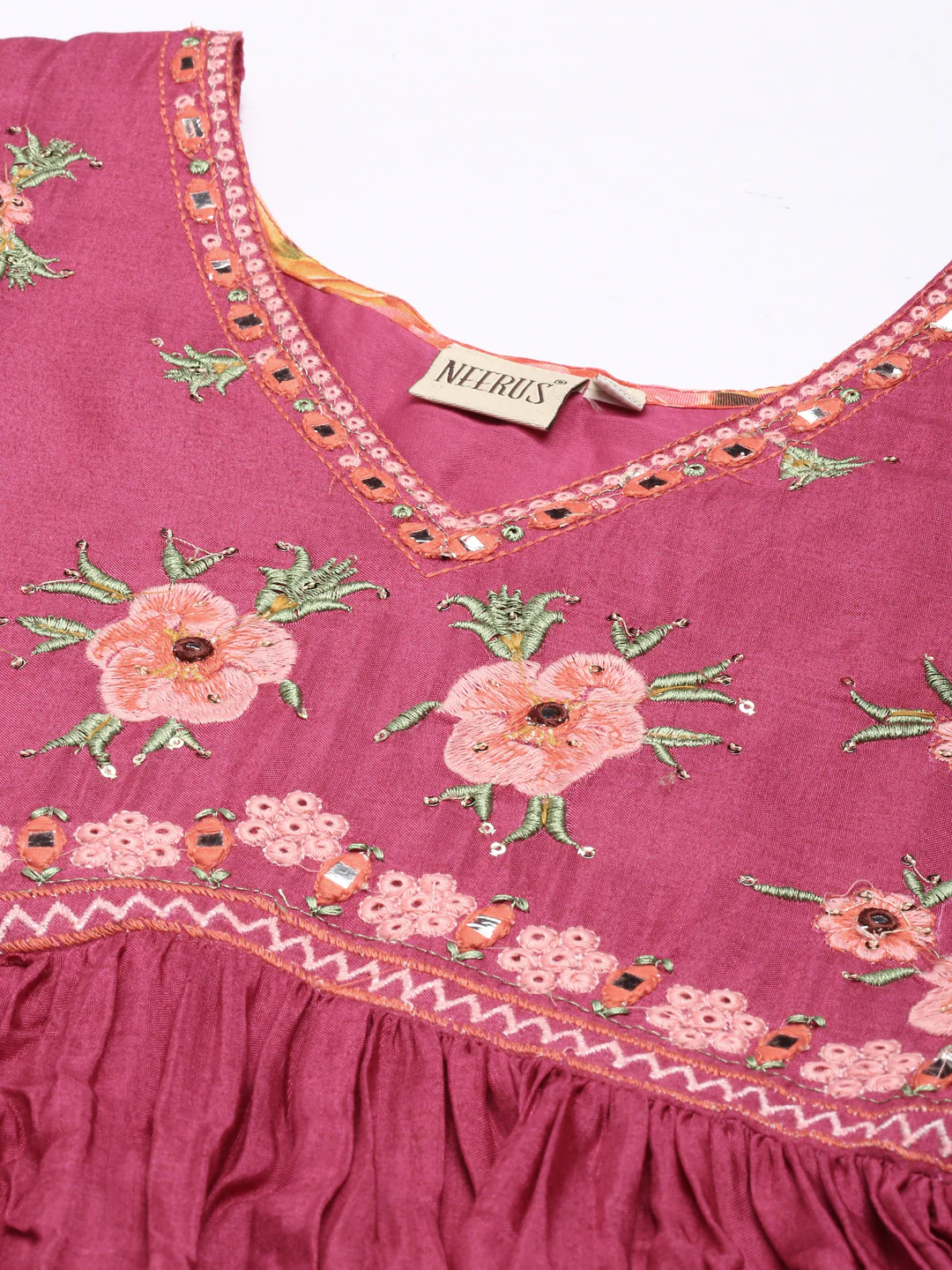 Neerus Magenta Flared Casual Floral Dresses - Image 2