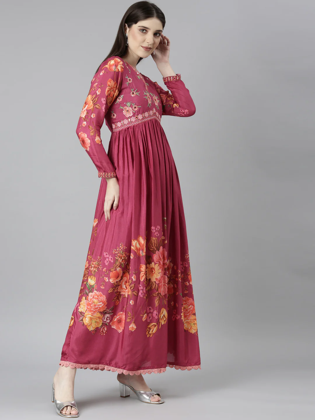 Neerus Magenta Flared Casual Floral Dresses - Image 3