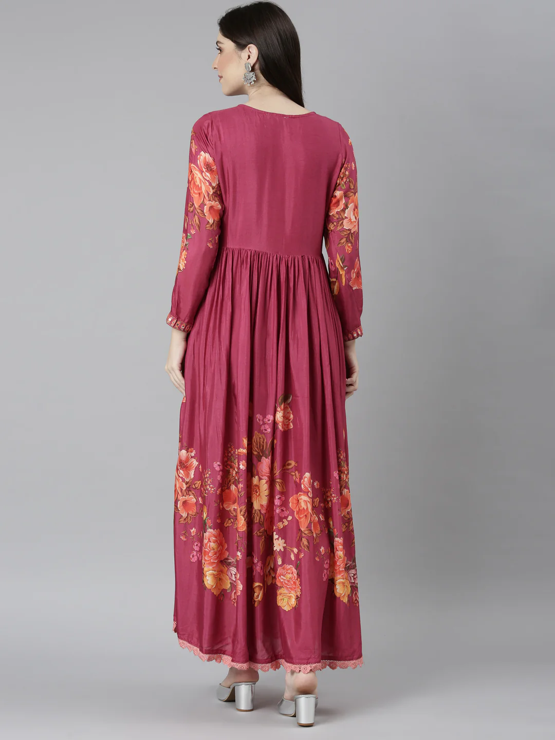 Neerus Magenta Flared Casual Floral Dresses - Image 4