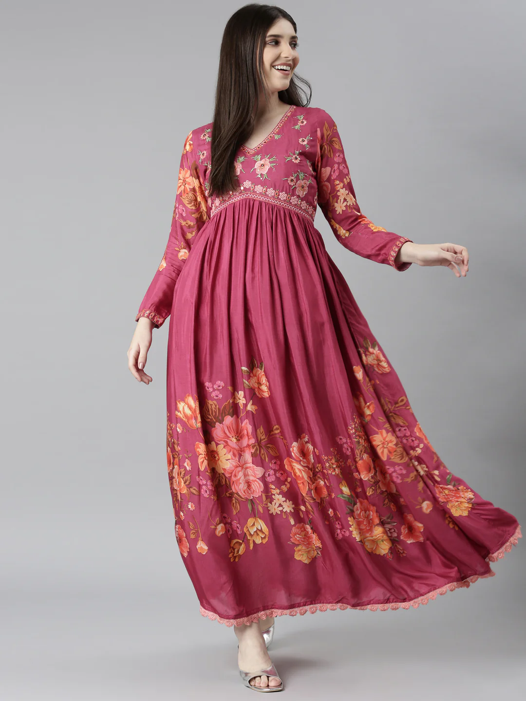Neerus Magenta Flared Casual Floral Dresses - Image 5