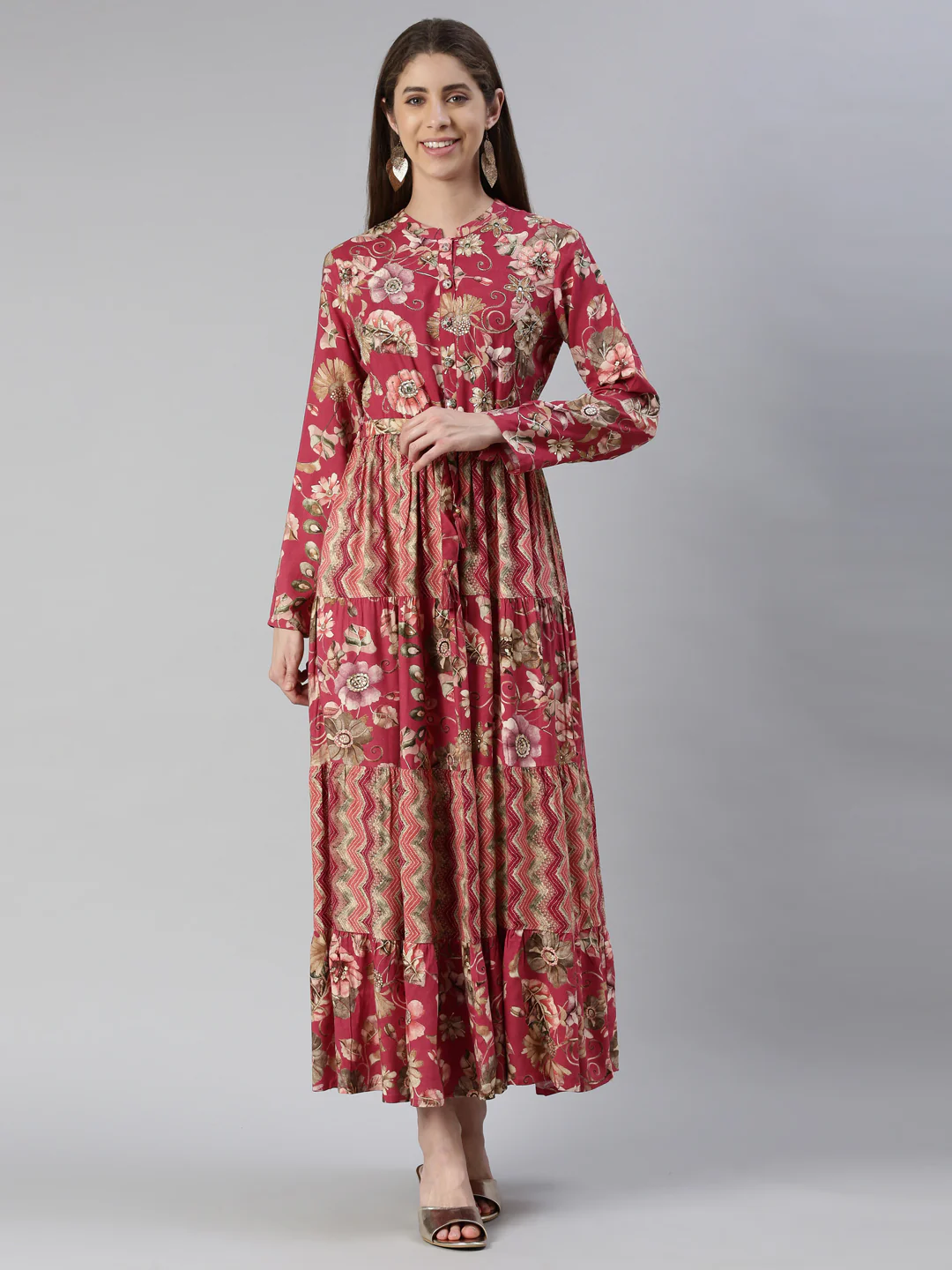 Neerus Magenta Maxi Casual Printed Dresses