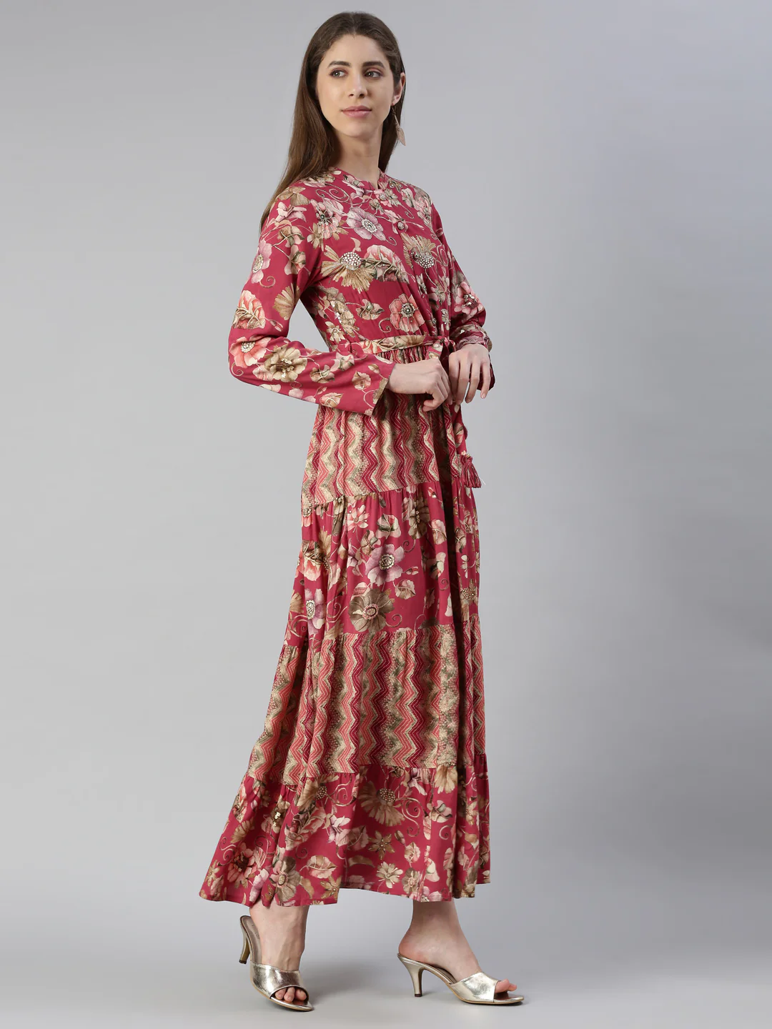 Neerus Magenta Maxi Casual Printed Dresses - Image 2