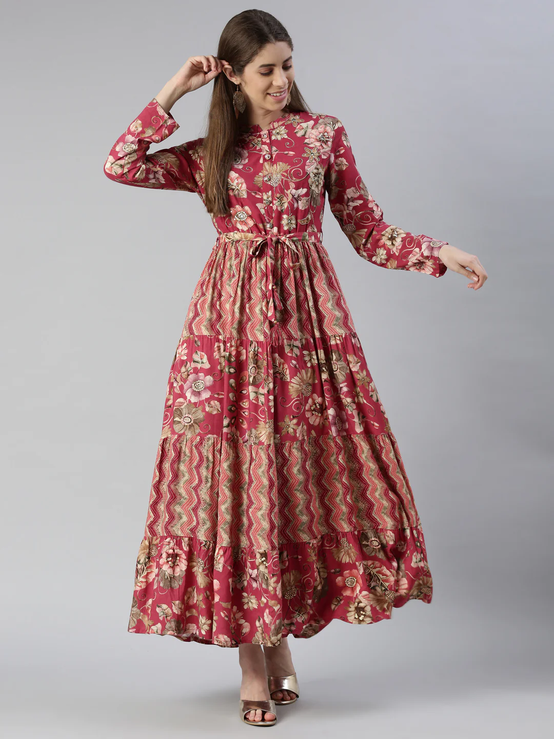 Neerus Magenta Maxi Casual Printed Dresses - Image 5