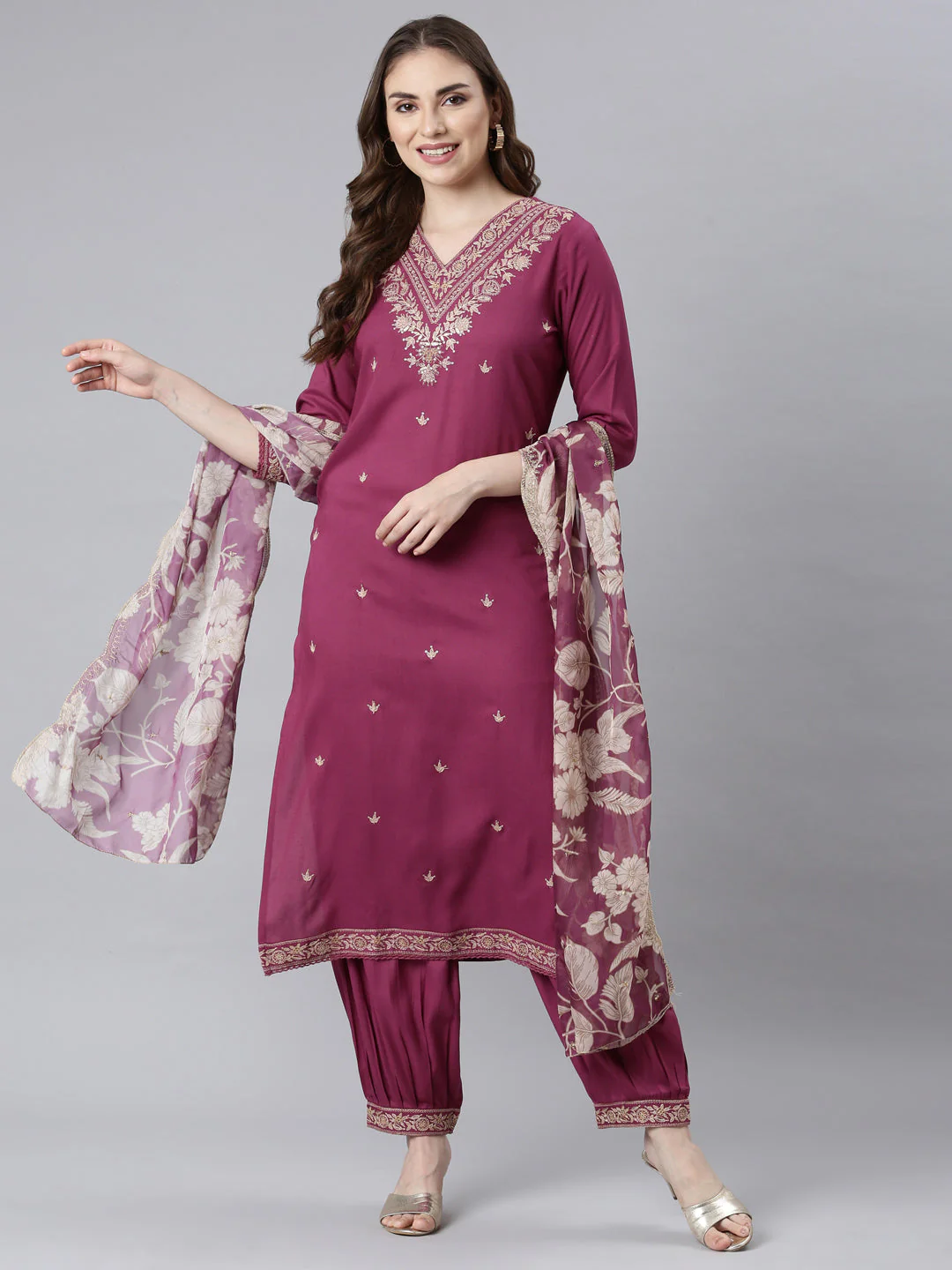 Neerus Magenta Panelled Straight Ethnic Motifs Readymade Suits - Image 5
