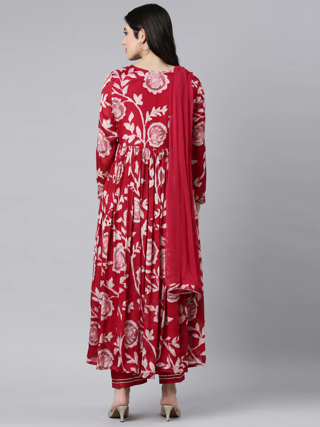 Neerus Magenta Pleated Straight Floral Kurta And Trousers With Dupatta - Image 3