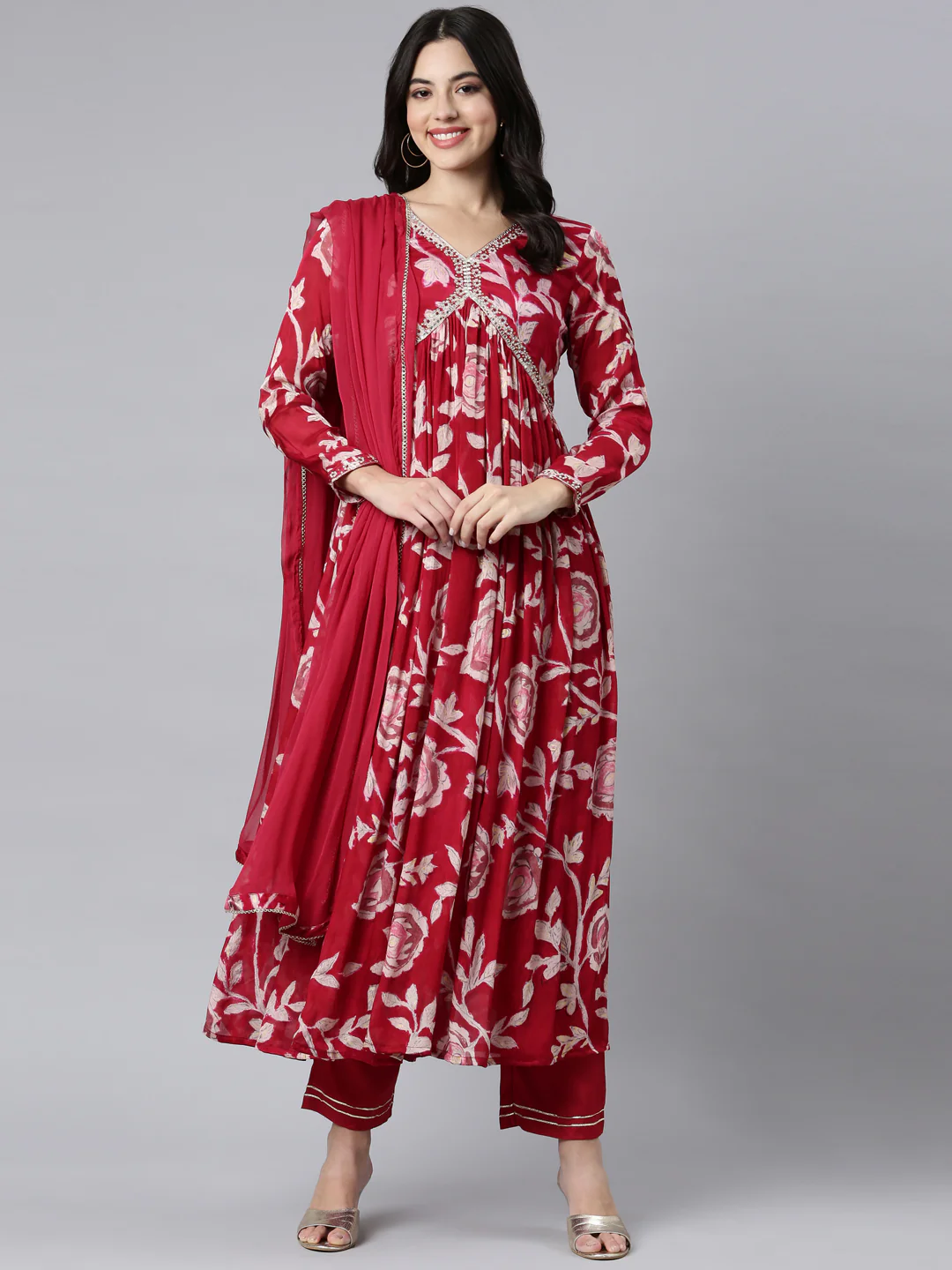 Neerus Magenta Pleated Straight Floral Kurta And Trousers With Dupatta - Image 5