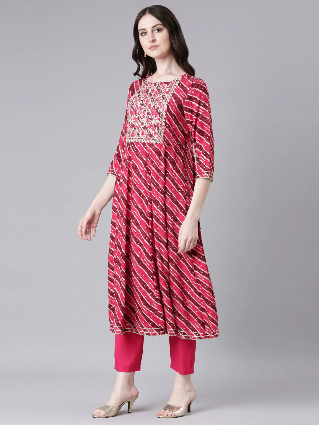 Neerus Magenta Printed Anarkali Kurta and Trousers With Dupatta - Image 3