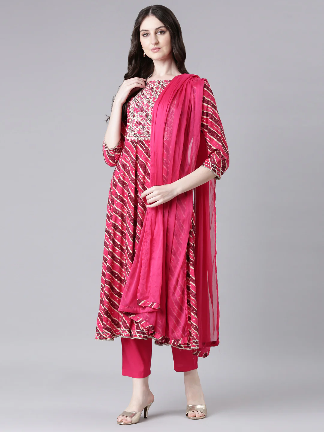 Neerus Magenta Printed Anarkali Kurta and Trousers With Dupatta - Image 6