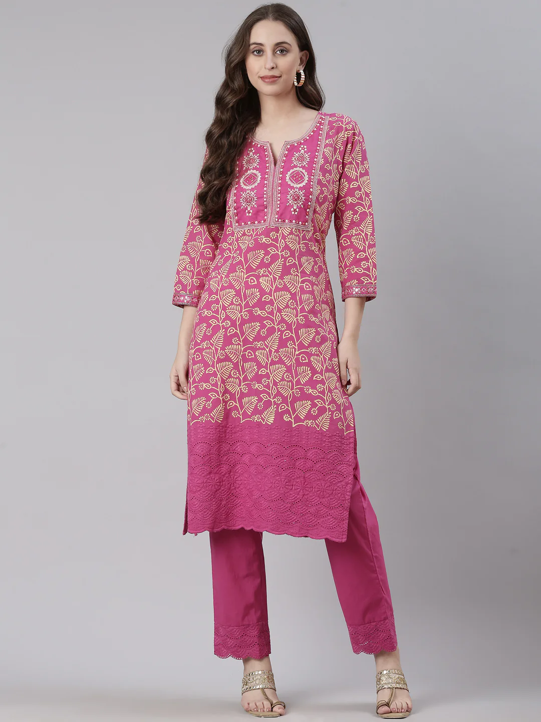 Neerus Magenta Printed Straight Kurta and Trousers - Image 5