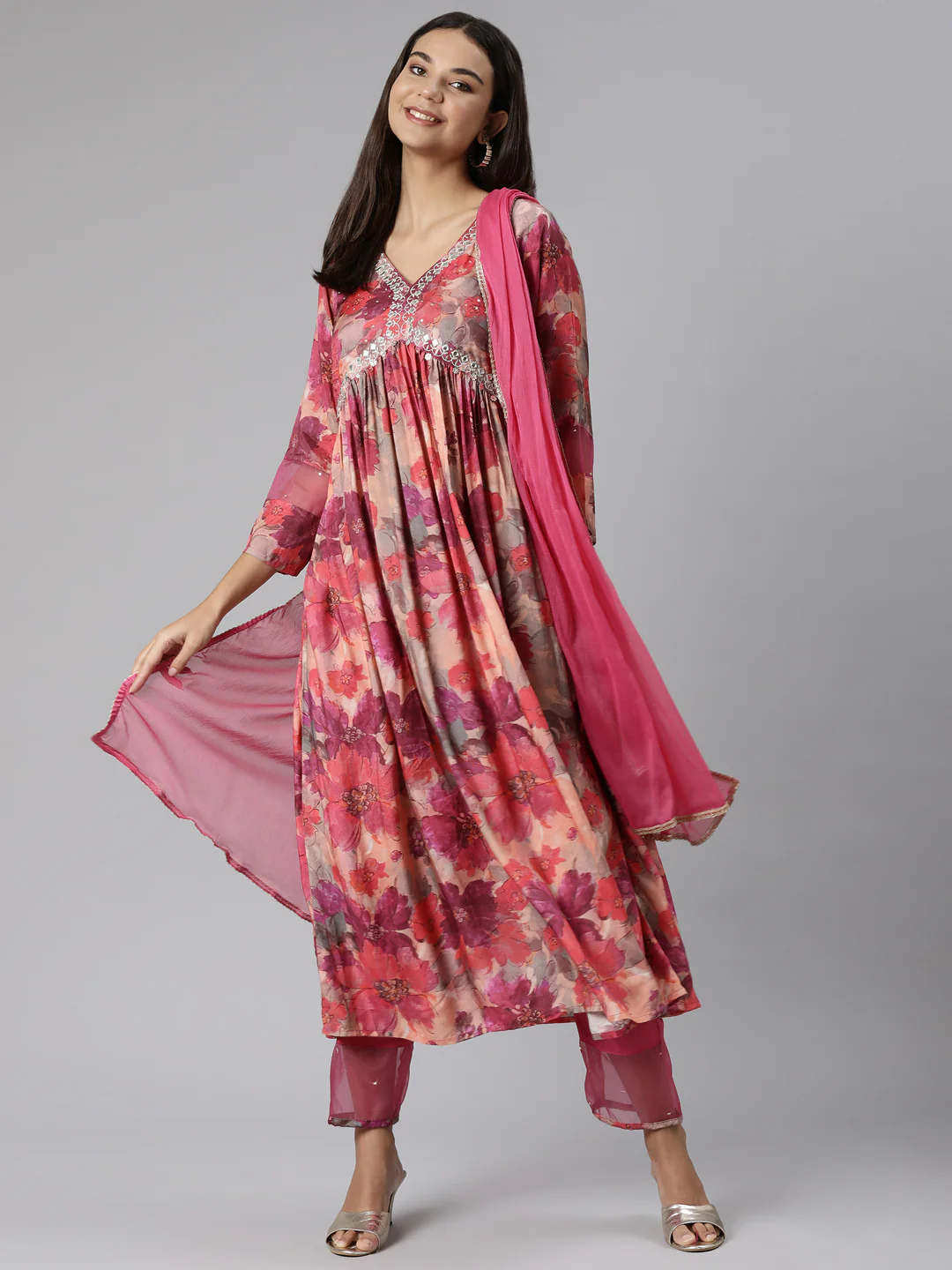 Neerus Magenta Regular Straight Floral Readymade suits - Image 5