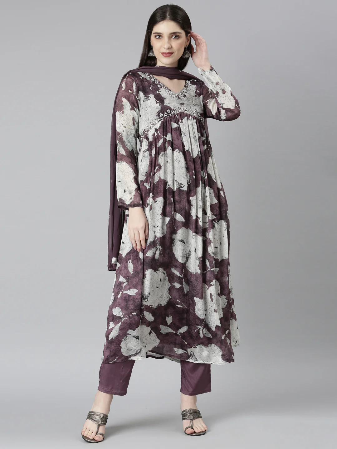 Neerus Magenta Regular Straight Floral Kurta And Trousers With Dupatta
