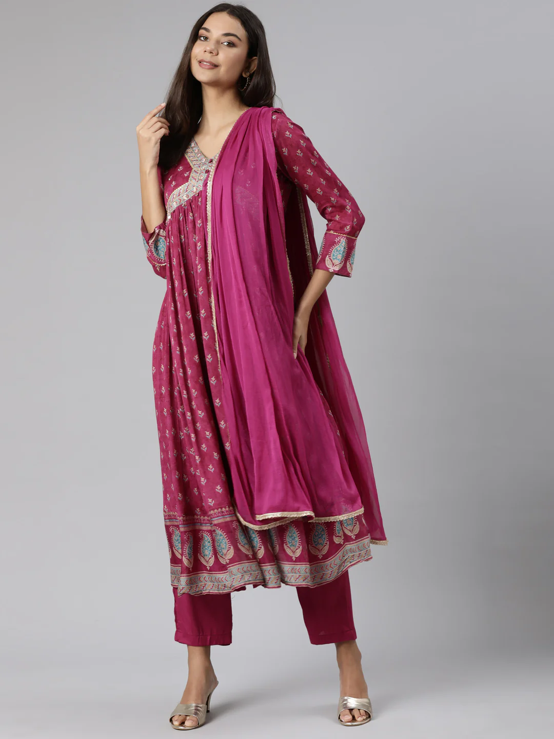 Neerus Magenta Regular Straight Floral Readymade suits - Image 5
