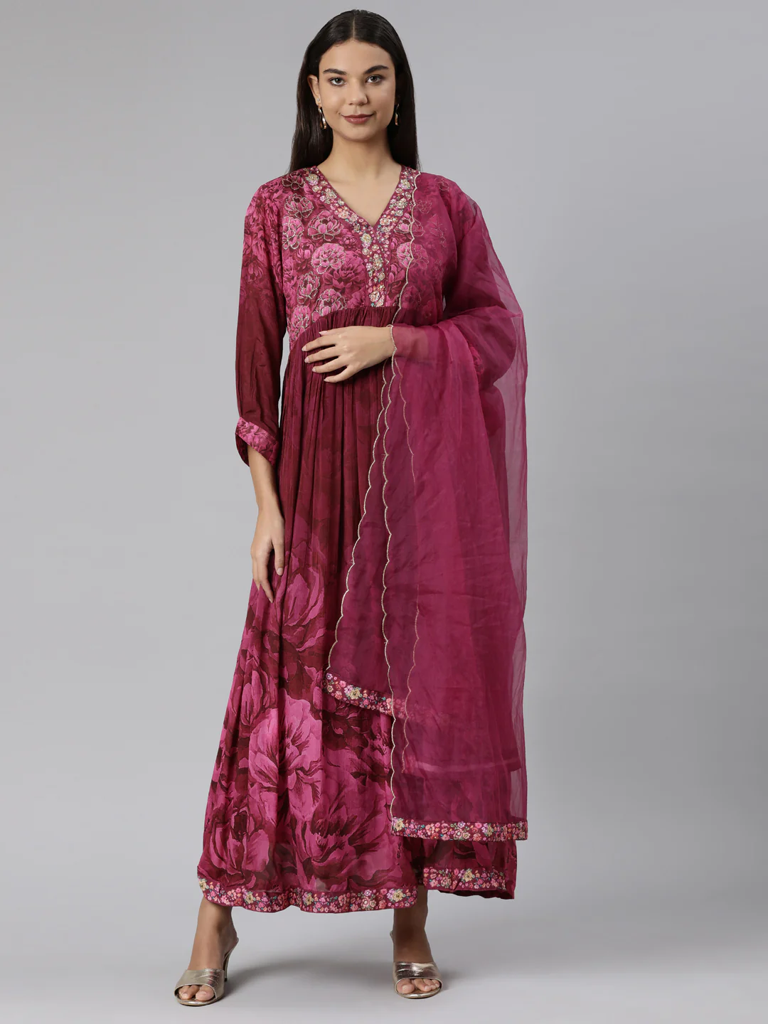 Neerus Magenta Regular Straight Floral Readymade suits