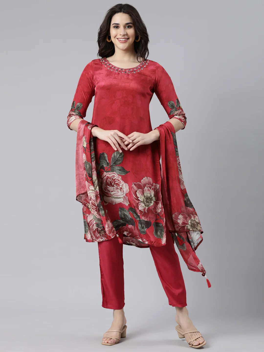 Neerus Magenta Regular Straight Floral Kurta And Trousers With Dupatta