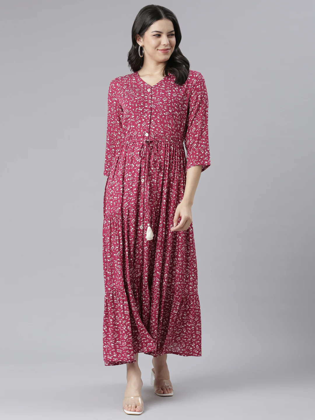 Neerus Magenta Straight Casual Floral Dresses