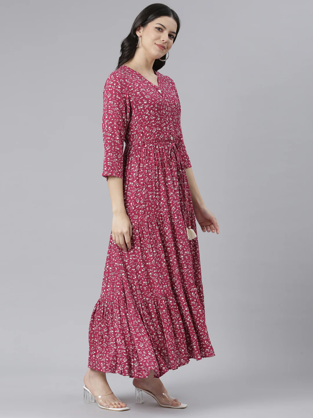 Neerus Magenta Straight Casual Floral Dresses - Image 2